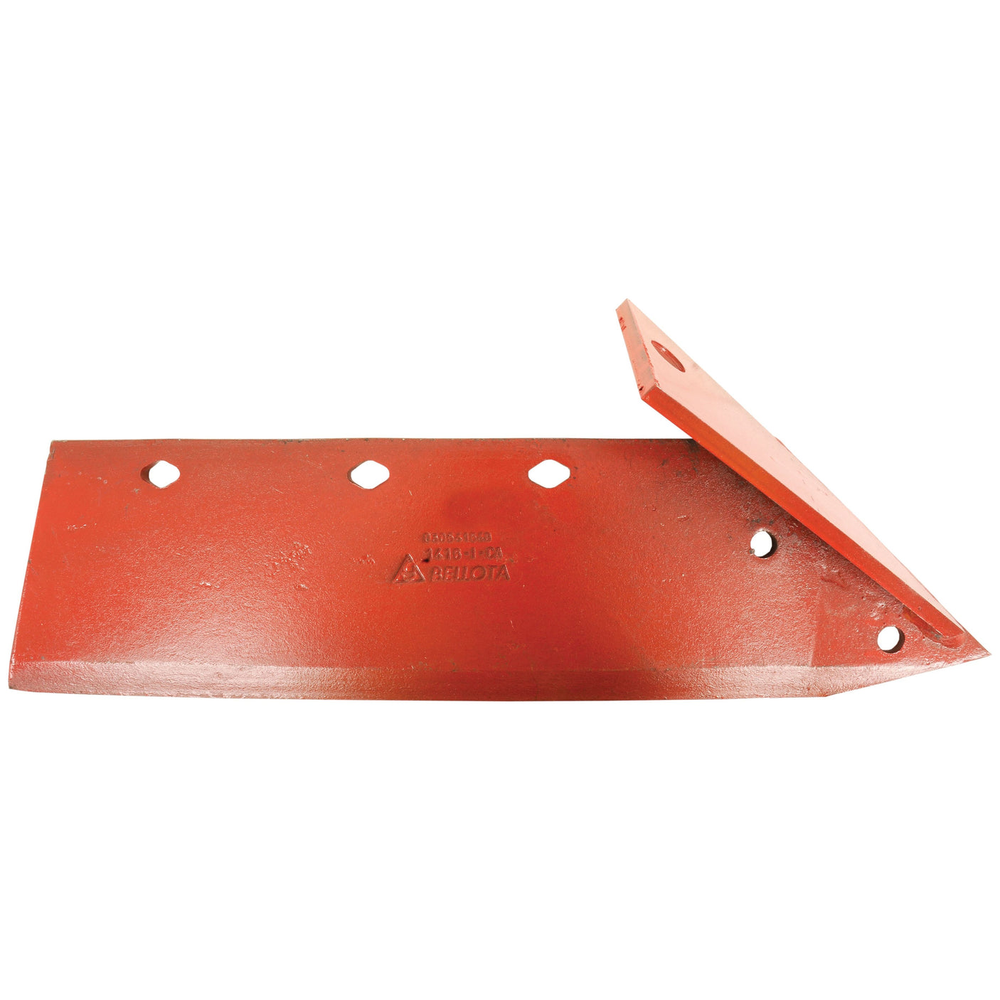 A 14-inch (355mm) red metal agricultural blade designed for left-hand fitting, featuring five holes along the top edge. The blade is embossed with a logo and the text "Ariota." This robust part, known as Share - LH, aligns with Primary OE Reference Naud 03054452G and is available under Sparex Part No. S.78123.