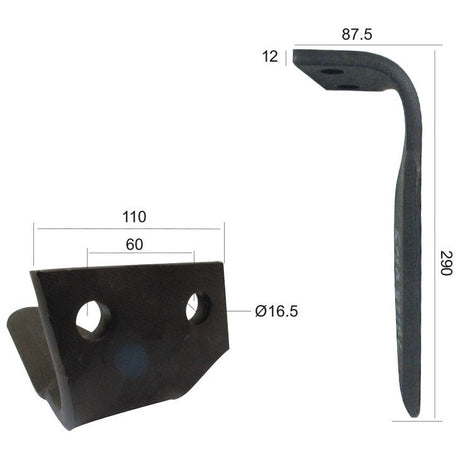 Two views of a Sparex Power Harrow Blade (Replacement for Feraboli, SKH & MF) with dimensions displayed: 290 mm height, 87.5 mm width, 12 mm thickness, 110 mm length, 60 mm distance between holes, and two holes with a diameter of 16.5 mm.
