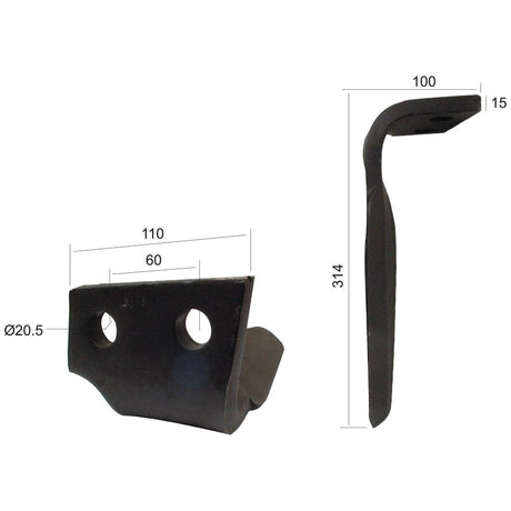 Displayed are two metal Power Harrow Blades, each with distinct measurements in millimeters: 110x15x314mm LH, hole centers at 60mm, and hole diameter of 20.5mm. These blades are ideal for ensuring precision and compatibility with Sparex machinery, specifically as replacements for Feraboli (SKH & MF). | Sparex Part No.S.78131