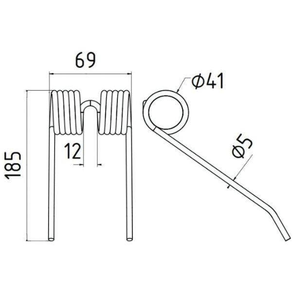 Technical drawing of a Pick-Up Tine with dimensions labeled: 185 mm length, 69 mm width, 41 mm coiled diameter, a 12 mm gap between coils, and a 5 mm rod thickness. Ideal for applications with Sparex Part No.S.78136 and as a replacement for New Holland To fit as:131673.

