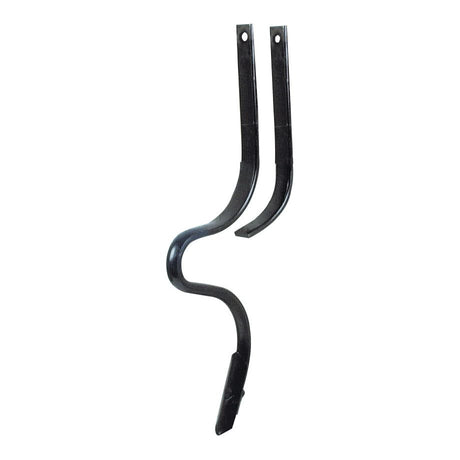 Two black mounting brackets with hook-shaped extensions, one of which features a pronounced S-curve, designed for universal tractors. The product is known as Track Eradicator Tine with dimensions 40 x 10 mm and a length of 770 mm. It is offered under the Sparex Part No. S.78137 by the brand Sparex.