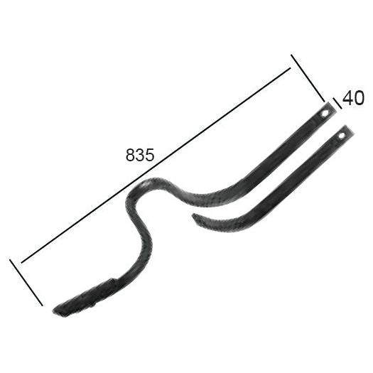 Image showing a black metal tool with two forward-facing prongs, measuring 770mm in length and 40mm in width, compatible with Universal Tractors and available from Sparex under the name Track Eradicator Tine (Sparex Part No. S.78137).