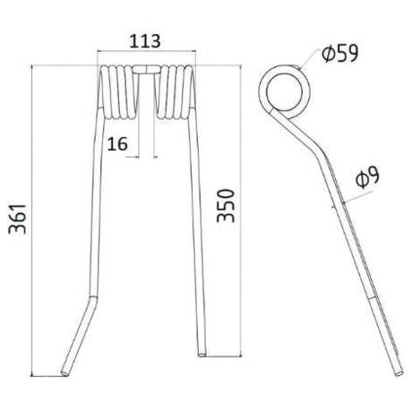 Technical drawing of the Tedder haytine - RH (Narrow - Yellow) by Sparex, showcasing its dimensions. It features a width of 113 mm, a height of 361 mm, and an outer diameter of 9 mm. This replacement part is suitable for PZ, Fransgard, Pottinger, Sitrex machinery and specifically fits model PZ106 (Sparex Part No. S.78149).