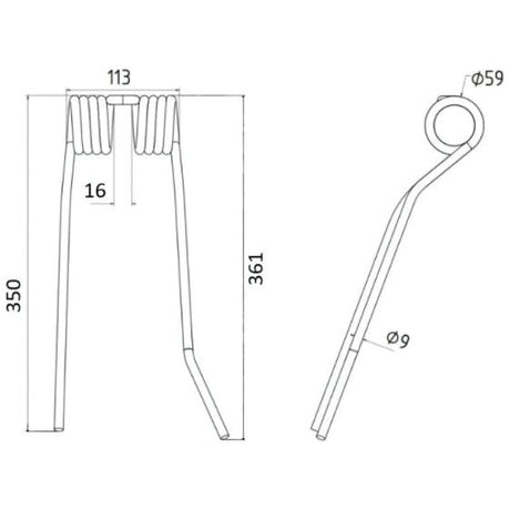 Tedder haytine - LH -  Length:361mm, Width:113mm,⌀9mm - Replacement for PZ, Fransgard, Pottinger, Sitrex
 - S.78150 - Farming Parts