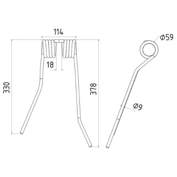 Tedder haytine - LH -  Length:378mm, Width:114mm,⌀9mm - Replacement for PZ, Fransgard, Pottinger, Sitrex
 - S.78151 - Farming Parts