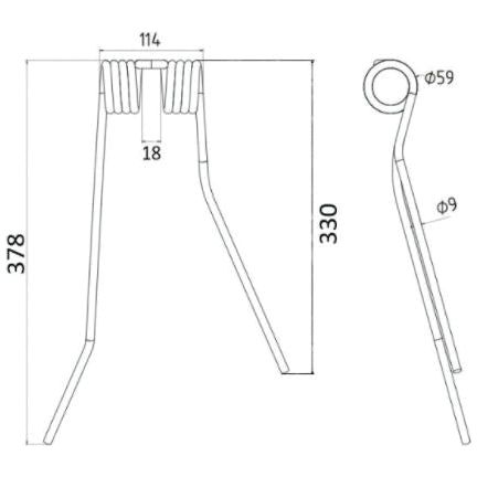 Tedder haytine - RH -  Length:378mm, Width:114mm,⌀9mm - Replacement for PZ, Fransgard, Pottinger, Sitrex
 - S.78152 - Farming Parts