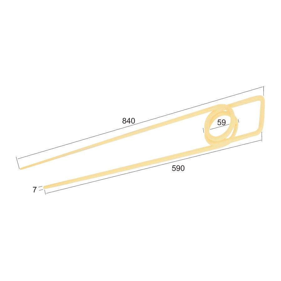 Diagram of a long beige object, likely the "Deflector Tine" (Sparex Part No. S.78153) with labeled dimensions: length 840, width 7, an inner loop with a diameter of 59, and a segment with a length of 590.