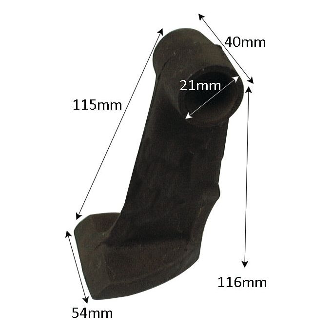 A black mechanical part labeled "Hammer Flail" by Sparex with dimensions: 115mm radius, 21mm hole diameter, 40mm top width, 54mm bottom width, and specified to fit Berti model number 7114312 - S.78155. Suitable as a replacement for McConnel parts.