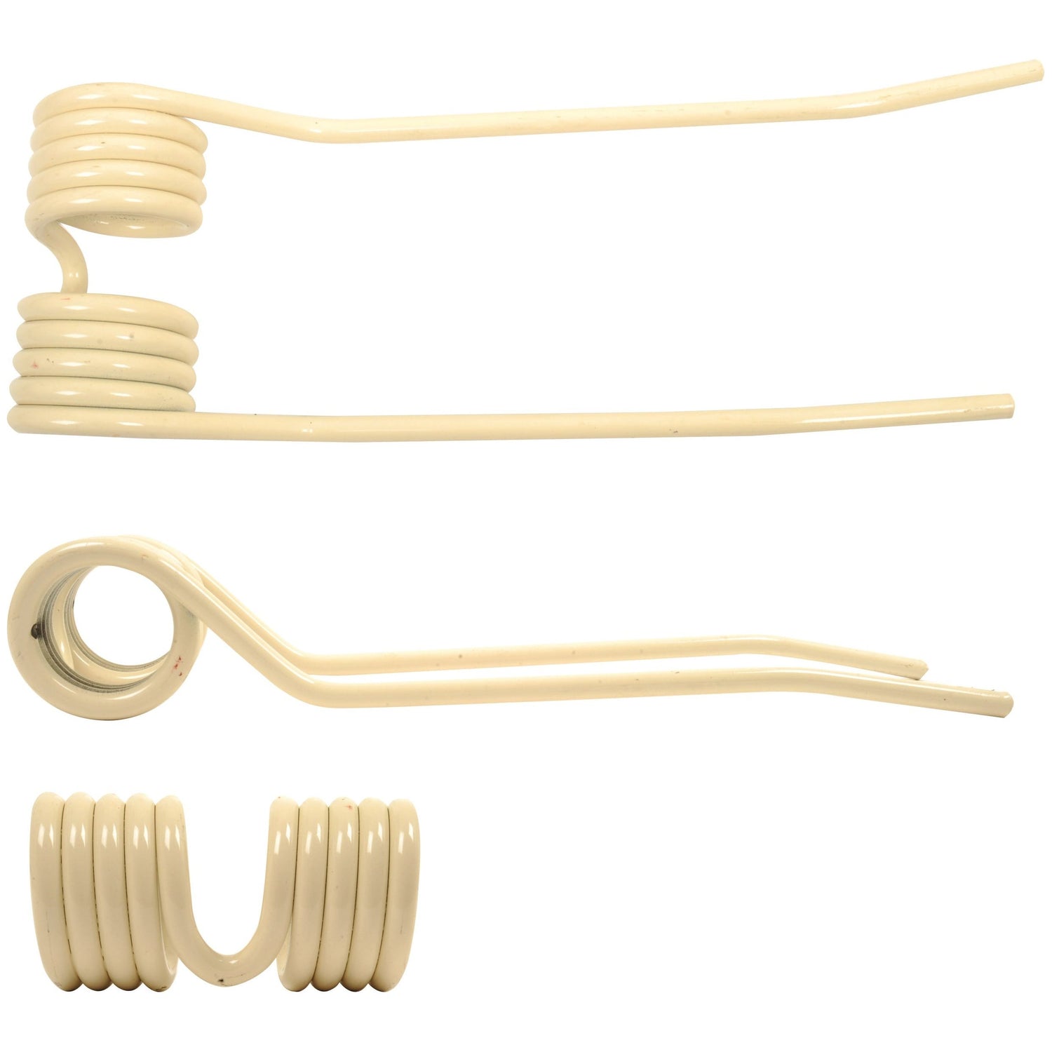 Three views of the Sparex Tedder haytine - RH beige-colored metal coil tool with extended handles, shown from the top, side, and bottom. Primary OE Reference: PZ224. Outer Ø (mm): 59mm.