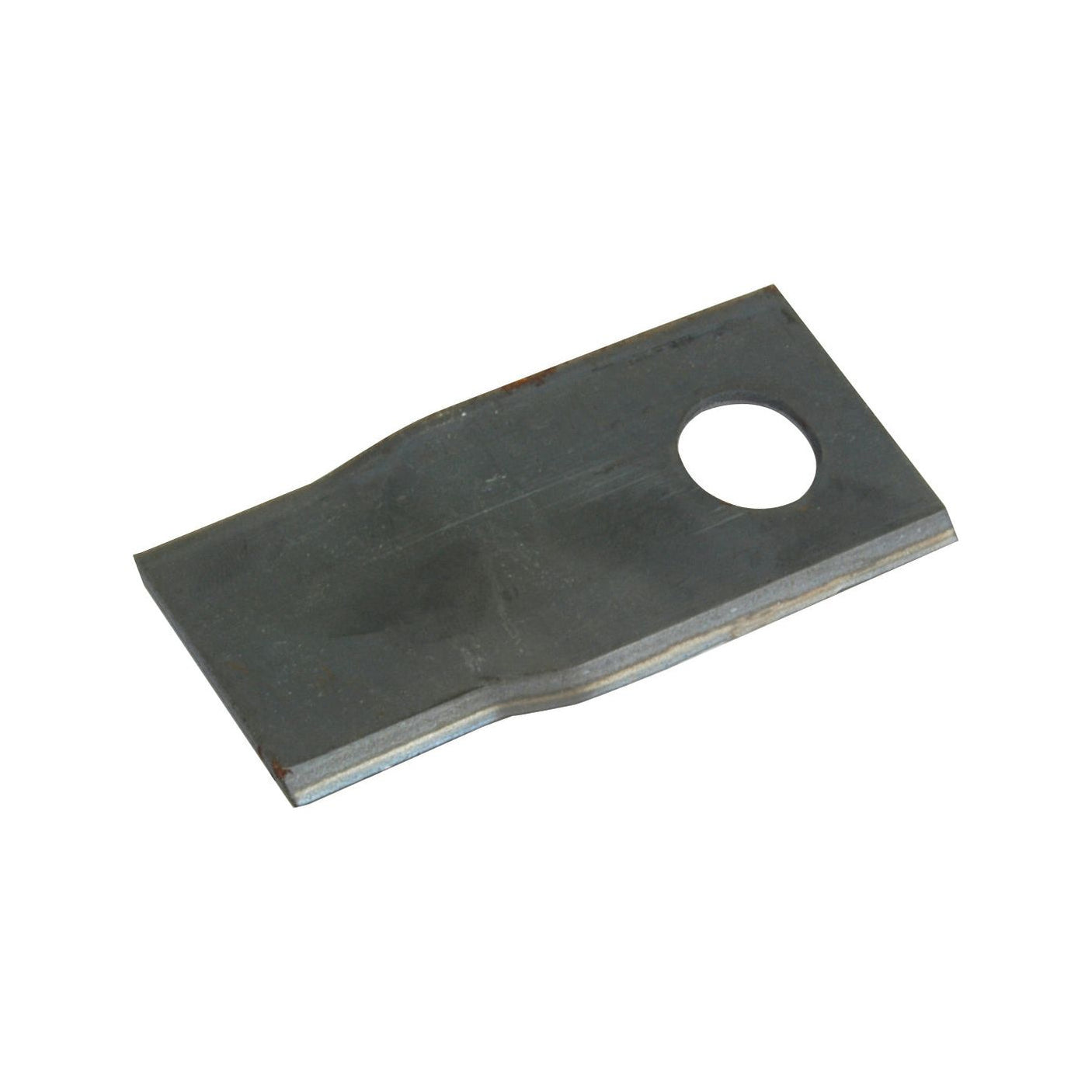 A flat metal bracket with a rectangular shape, featuring a central notch and a circular hole on one end, demonstrating the precision akin to the Sparex Mower Blade - Twisted blade with sharp and parallel bottom edges, measuring 100 x 48x3mm, Hole Ø19mm - RH - Replacement for Claas (Sparex Part No. S.78169).