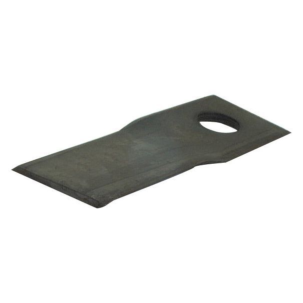 A twisted rectangular metal blade with a 19mm hole near one end, perfect for Claas DISCO systems. This Sparex Mower Blade (Part No. S.78170) measures 115 x 47 x 4mm and features a sharp, parallel top edge, serving as a replacement for part number 9520420.