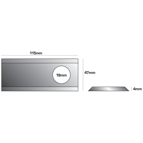 Technical drawing of the Sparex Mower Blade, which features a rectangular shape with a twisted design and a top edge that is sharp and parallel. The blade measures 115mm in length, 47mm in height, and 4mm in thickness. It includes a circular hole with a diameter of 19mm. This component is reminiscent of precision parts like those used in Claas DISCO machinery and serves as an ideal replacement for part number 9520420 (Sparex Part No. S.78170).