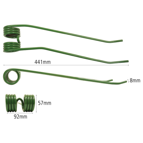 An image showing two green metal torsion springs with dimensions labeled: one spring measuring 441mm in length and 8mm in diameter, the other measuring 57mm in height and 92mm in width. These springs are part of the Sparex Swather/Tedder Tine series for the Fella, New Holland, and Stoll models, known for their precision and durability (Sparex Part No. S.78177).