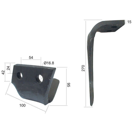 Image showcasing two metal brackets with dimensions. One bracket shown from the front (100 mm wide, 42 mm high) and side views (54 mm depth), and the second bracket shown from the side (270 mm length, 15 mm width). Ideal as a replacement for Perugini 320425 Power Harrow Blade. Product details: Sparex Power Harrow Blade 100x15x270mm LH, hole centers at 54mm and hole diameter of 17mm. Replacement for Perugini (Concept-Ransome); compatible with model: 320425 | Sparex Part No.S.78182.