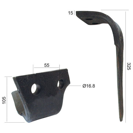 Two metal components with holes, shown in different orientations. Lengths and dimensions indicated: 15mm, 55mm, 105mm, 325mm, and Ø17mm. Ideal as a Sparex or Perugini replacement for your Power Harrow Blade needs. This blade is named Power Harrow Blade 110x15x325mm RH and has hole centers of 55mm with a hole diameter of 17mm. Suitable for Perugini (Concept-Ransome) models and fits as part number S.78185 from Sparex (320430).