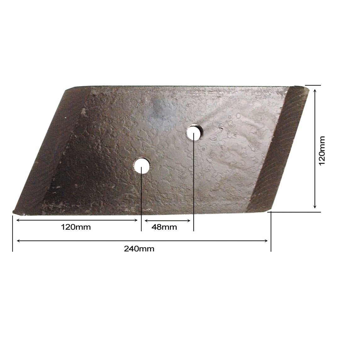 Image of the Sparex Wing RH subsoiler (Sparex Part No.S.78189), showcasing its metallic, wedge-shaped design with two holes spaced 48mm apart. The dimensions are 240mm in length, 120mm in height, and 120mm side length.