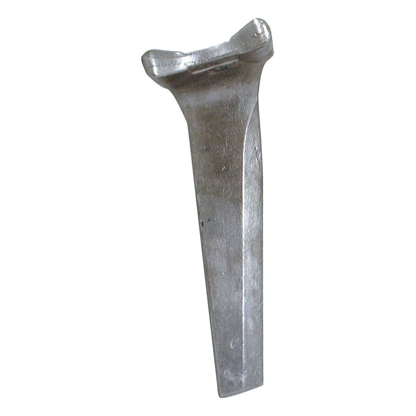 The Sparex Power Harrow Blade 110x25.5x318mm RH is a metallic, wedge-shaped turbine blade with a broad top and a tapered body, designed for easy-fitting into industrial machinery. Hole centres are Ø 19.5mm. This blade is a replacement for Kuhn part number 52596410 (Sparex Part No.S.78192).