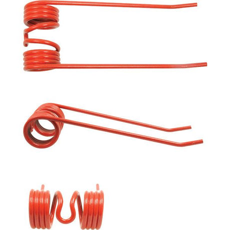 Three Sparex Haytine torsion springs are displayed in various orientations. The red springs feature tightly coiled loops with extended straight ends, highlighting their precise outer diameter of 5mm.