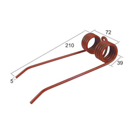 The Sparex Haytine, designed as a replacement for Welger part number 0940522100 (Sparex Part No. S.78203), is a red metal torsion spring featuring two coils. It has dimensions of 72 mm in width, 39 mm in height, and legs measuring 210 mm and Ø5 mm in length.