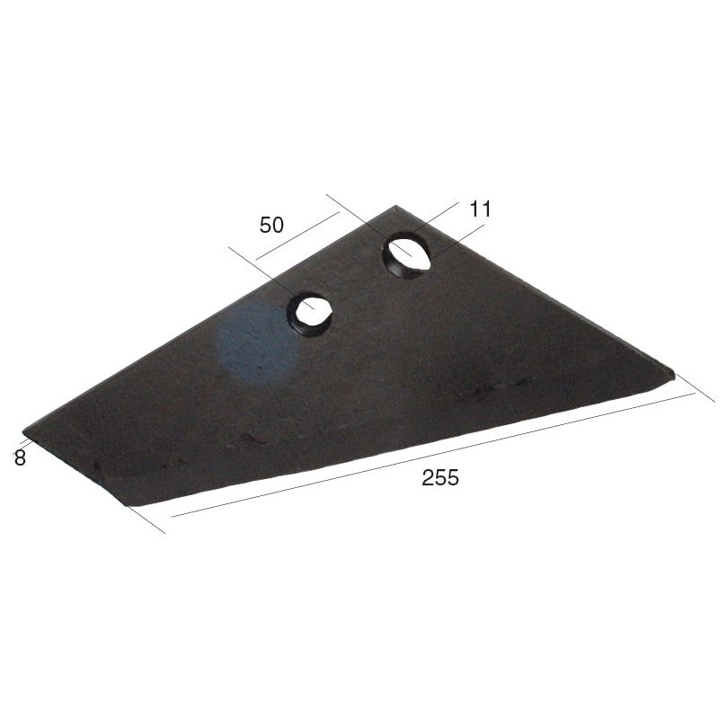 A metal part designed in a triangular shape featuring two circular holes, with dimensions specified as 50, 11, 8, and 255 units. Branded as Sparex Wing 290x8mm RH Fitting (Sparex Part No. S.78205), it is crafted for versatile use in various applications and to fit model 4102.