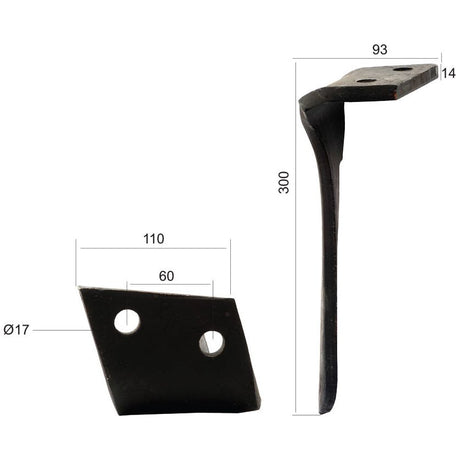 Power Harrow Blade 110x14x300mm RH. Hole centres: 60mm. Hole⌀ 17mm. Replacement forAlpego.
 - S.78216 - Farming Parts