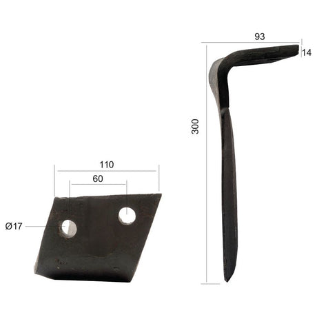 Introducing the Sparex Power Harrow Blade 110x14x300mm LH, featuring exact dimensions: 300mm length, 93mm width at the top, 14mm height at the top bend, and a blade width of 110mm with a 60mm spacing between the two Ø17mm holes. Perfect as a replacement for Alpego DO06701S Power Harrow Blade. Part number: S.78217.