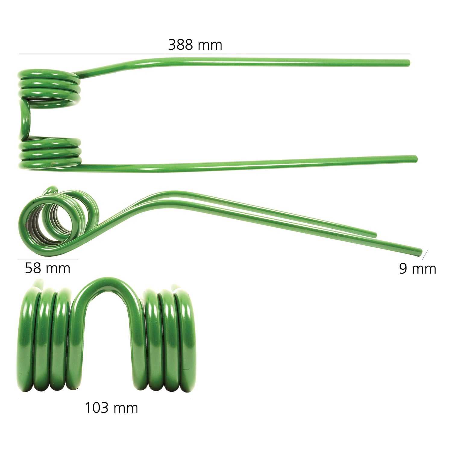 Tedder haytine made of green metal, featuring a coiled middle section. Measurements: 388 mm length, 58 mm coil diameter, 9 mm wire diameter, and 103 mm width of the coiled section. This Sparex product meets the Primary OE Reference standards as set by Grange & Walter and is a replacement part for JF (part number: 0608770) under Sparex Part No. S.78303.