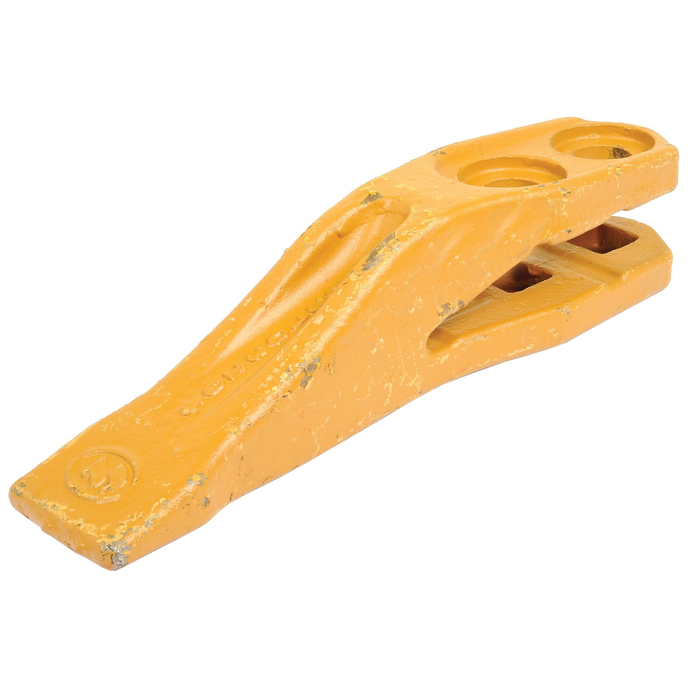 Image of a yellow, worn Bucket Tooth, Centre Tooth with multiple attachment holes, fitting a JCB 3CX model. This is Sparex Part No. S.78328 (53103205).