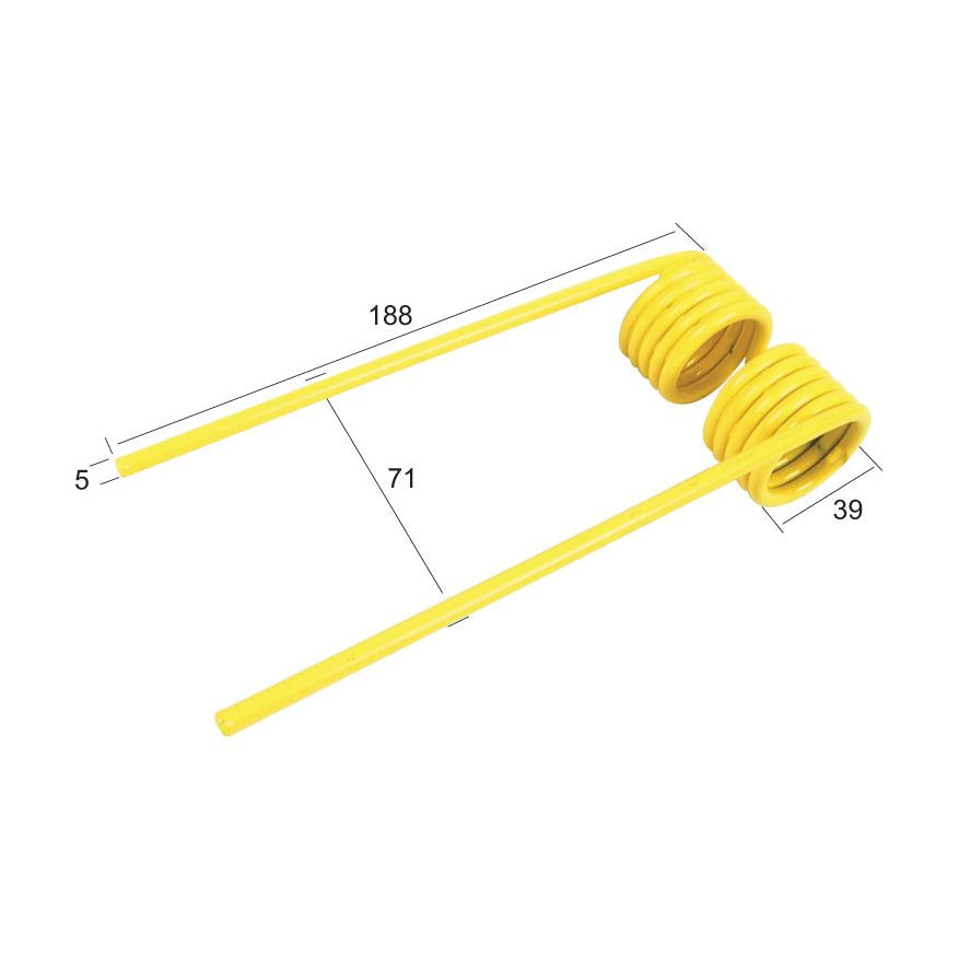 A pair of yellow coiled metal rods, identified as Pick-Up Tine by Sparex, with measurements including a length of 188 mm, a width of 5 mm, a gap between coils of 71 mm, and a coil diameter of 39 mm. This item is compatible with John Deere machinery and carries the CC32965 part number. The Sparex part number for this replacement item is S.78332.