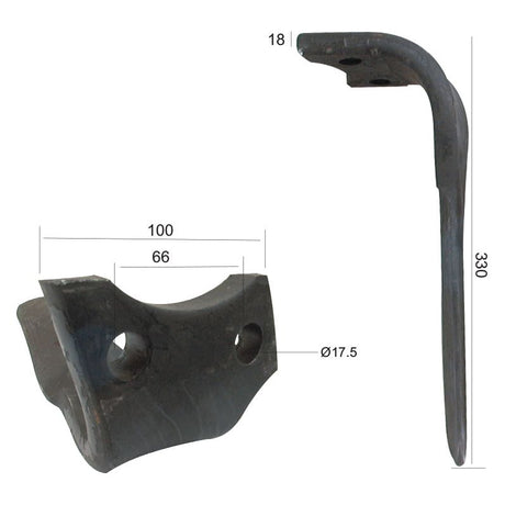 Image showing a Sparex Power Harrow Blade 100x18x330mm RH with measurements. Front view: width 100mm, hole centers 66mm, and hole diameter 17.5mm. Side view: height 330mm, width 18mm. Ideal for Rabewerk replacement needs (Sparex Part No.S.78337).