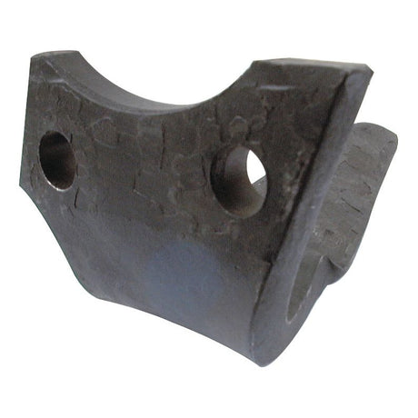 Close-up of a Sparex Power Harrow Blade 100x18x330mm LH, featuring two circular holes with a diameter of 17.5mm and spaced 70mm apart, along with a curved cutout. The surface appears rough and unfinished. This is a replacement part for Rabewerk, fitting model KG41L (Sparex Part No. S.78338).