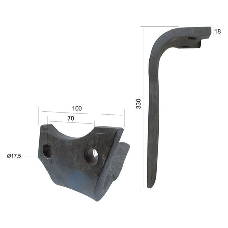 The Sparex Power Harrow Blade 100x18x330mm LH, featuring a hook-like shape with dimensions of 330mm in height and 18mm in width. It includes a hole with a diameter of 17.5mm and hole centers at 70mm. This blade is an ideal replacement for the Rabewerk KG41L model, identified as Sparex Part No.S.78338.