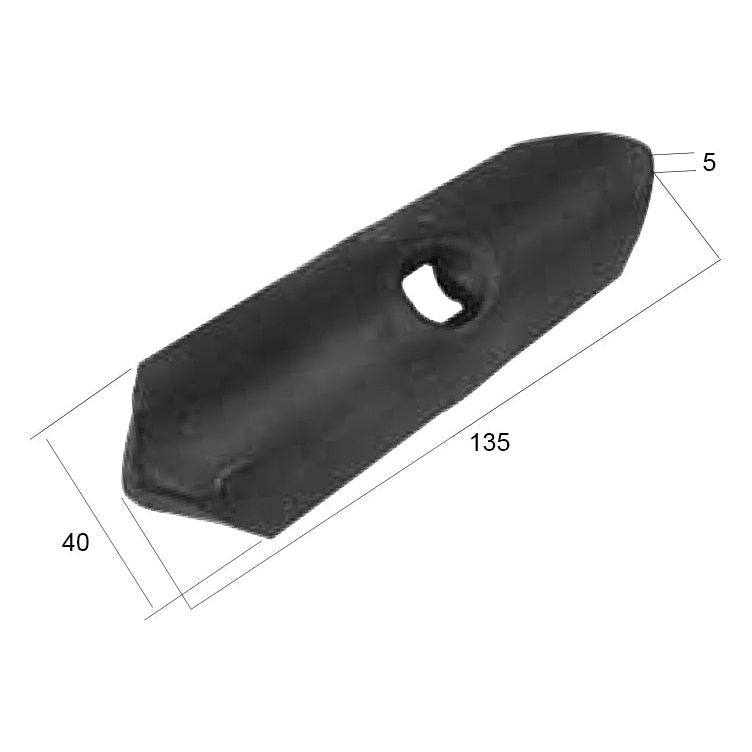 The Sparex Reversible Point, Part No. S.78348, is a black, rectangular component with a central hole, measuring 135mm in length, 40mm in width, and 5mm in height, as indicated by surrounding dimensional lines. It is ideal for fastener applications on universal tractors or similar machinery from Sparex.