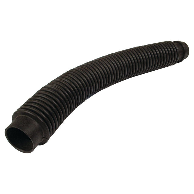 The Drill Tube (Long), replacement for Massey Ferguson tractors, is a black flexible corrugated hose with a ribbed surface and slight curvature, open at both ends. Featuring 50 ribs for added durability, this product (Sparex Part No. S.78353) is compatible with Sparex components and fits as 876889M1.