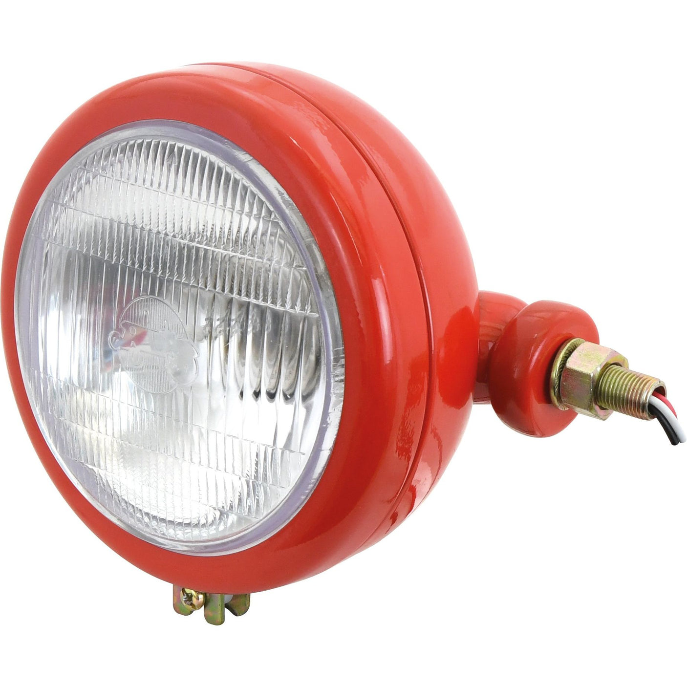 A red circular headlight with a metal mounting bracket and electrical wires attached on the side, featuring a Sparex brand halogen light source, specifically the Sparex Head Light (Halogen), RH, Straight, 12V - S.7836.