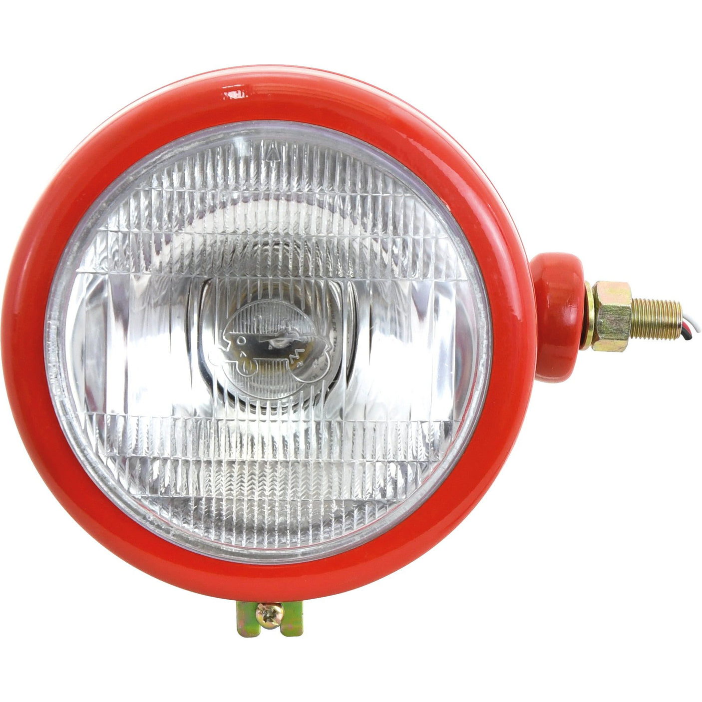 A front view of the Sparex Head Light, (Halogen), RH, Straight, 12V - S.7836 features a round, red automotive headlight with a clear glass lens revealing the internal bulb and mounting bolt on the right side. This durable headlight is housed in a sturdy metal casing for added resilience.