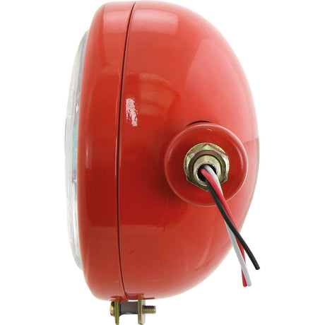 A side view of a Sparex brand Head Light (Halogen), RH, Straight, 12V - S.7836, featuring a rounded red design with exposed black, red, and white wires emerging from the metal housing material at the back.