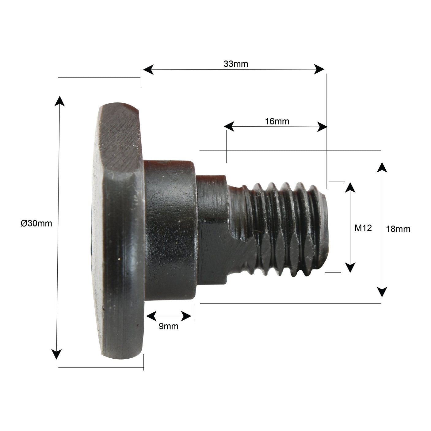 Side view of a black, threaded metal bolt with detailed dimensions labeled, including lengths of 33mm, 16mm, and 9mm; diameters of Ø30mm, M12, and 18mm; and a thread length that ensures a perfect fit. These precision measurements make the Mower Blade Retainer - M12x33mm - Replacement for Kuhn, Taarup (Sparex Part No. S.78375) ideal for Sparex machinery repairs.