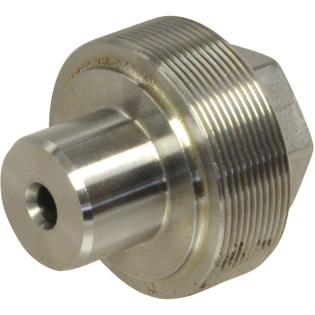 The King Pin - S.7837 by Sparex is a metal threaded nozzle with a hexagonal base and cylindrical tip, featuring a small circular hole at the end—engineered to precise metric standards.