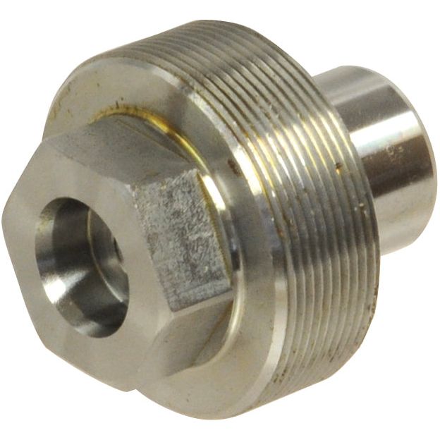 A close-up view of the King Pin - S.7837 by Sparex, showcasing its metric metal hexagonal fitting with threaded sections and a central cylindrical hole.