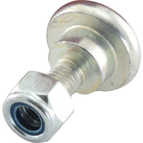 A Mower Blade Retainer- M12x35mm from Sparex, designed as a replacement for Taarup and Kverneland, with a round, flat head and an attached hexagonal nut featuring a visible blue nylon insert, fits as 56.403.00 (Sparex Part No.S.78397).