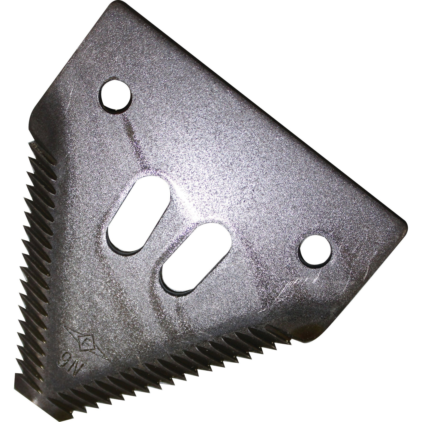 The Knife section from Sparex is a triangular metal blade with over serrated edges, featuring two rectangular slots in the center and two round mounting holes (Ø6.5mm) at the corners, spaced 51mm apart. Measuring 80x76x2.75mm, this blade is an ideal replacement for Schumacher, ensuring precise performance. Product code: 420.100.045 - S.78429