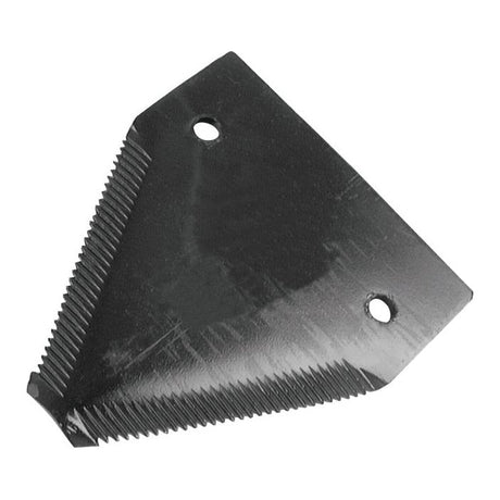 Close-up of a black triangular metal blade with two mounting holes and serrated edges on two sides, a high-quality replacement for New Holland from the trusted Sparex brand. The knife section measures 83x76x2.75mm, with Ø5.5mm hole diameter and 52mm hole centers (Replacement part number: 365110 - S.78433).