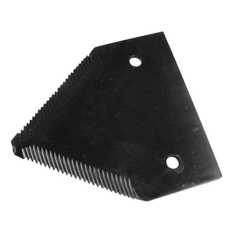 A black, triangular metal part with two holes and over serrated edges on one side, designed as a replacement for Massey Ferguson (Product Name: Knife section - over serrated - 83x76x2mm - Hole Ø5.5mm - Hole centres 51mm - Replacement for Massey Ferguson To fit as: 206236M1 - S.78450 by Sparex).