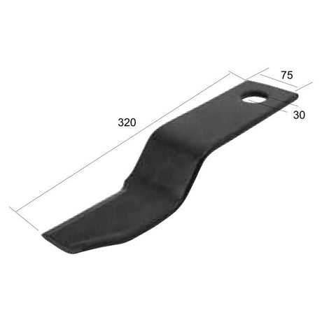 The Slasher Blade, a black metal tool designed with a bent, angled shape and labeled measurements of 320mm in length and 75mm in width at the top, narrows to a 30mm hole near the top edge. This blade is an ideal RH fitting for Fleming TOPPER equipment and serves as a replacement part for Sparex Part No. S.78467 from the Sparex brand.