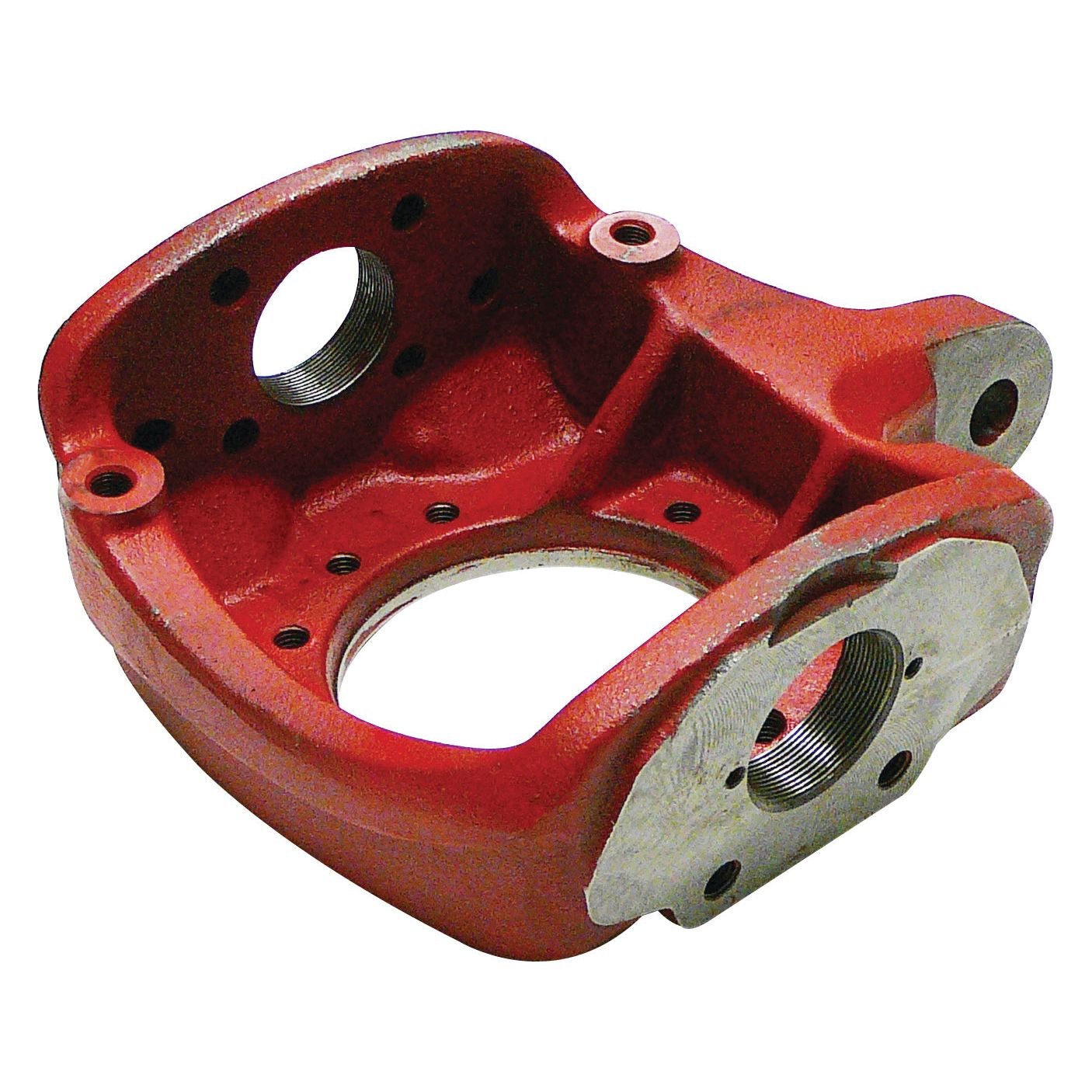 Close-up of a red, metal industrial component with multiple holes, including a large central hole and several smaller ones, suitable for mechanical assembly or machinery use. This Axle Housing | Sparex Part No.S.7858 is produced by Sparex and is compatible with John Deere equipment.