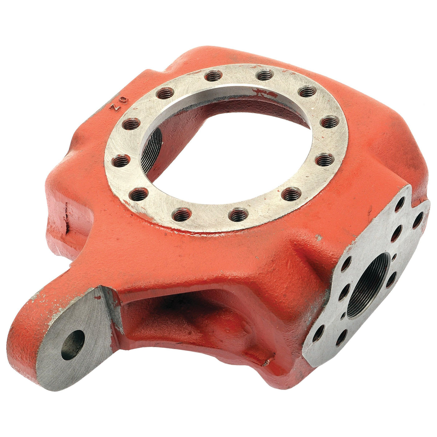 A red metallic mechanical part with multiple holes and a circular opening in the center, reminiscent of the robust engineering found in Case IH equipment; this describes the Axle Housing (Sparex Part No. S.7859) by Sparex.