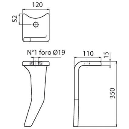 Technical drawing of a Sparex Power Harrow Blade 120x15x350mm LH. The top view shows a square base of 120mm by 120mm with a hole diameter of 19mm and a 52mm side section, suitable for use as Replacement for Amazone (Fit: 6148300 | Sparex Part No. S.78617). The side view has a length of 350mm and height of 110mm.