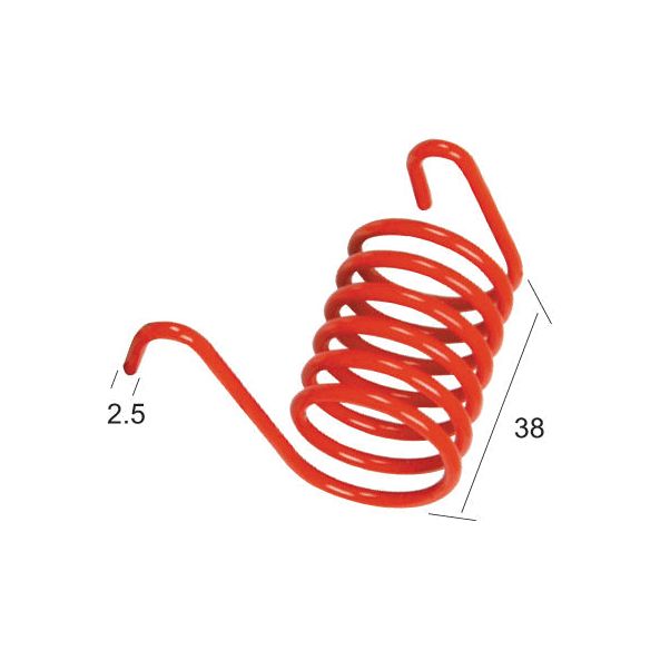 A red coiled metal spring with hook-ends, labeled dimensions of 2.5 units width and 38 units length. This Sparex spring is known as the Haytine Return Spring RH Replacement for Fransgard, fitting as part number 40243 - S.78623.