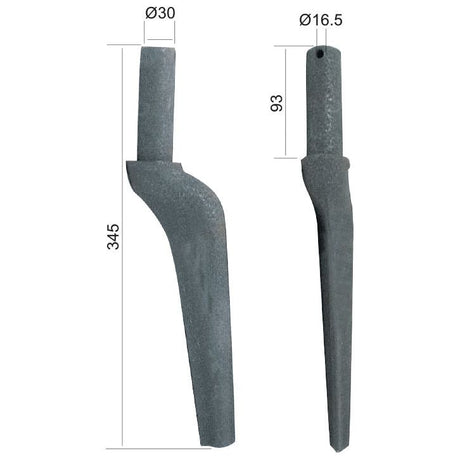 Two metal rods with different diameters and lengths are displayed side-by-side. The dimensions are marked in millimeters: one is 345mm long with a 30mm diameter, and the other is 93mm long with a 16.5mm diameter. Cataloged under Sparex part number S.78628 (490266), the product name is Power Harrow Tine, highlighting precision engineering akin to Krone's standards.